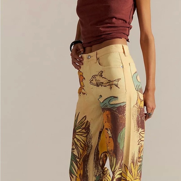 Free People Denim - Free People Yellow Botanical Print Wide-Leg Jeans